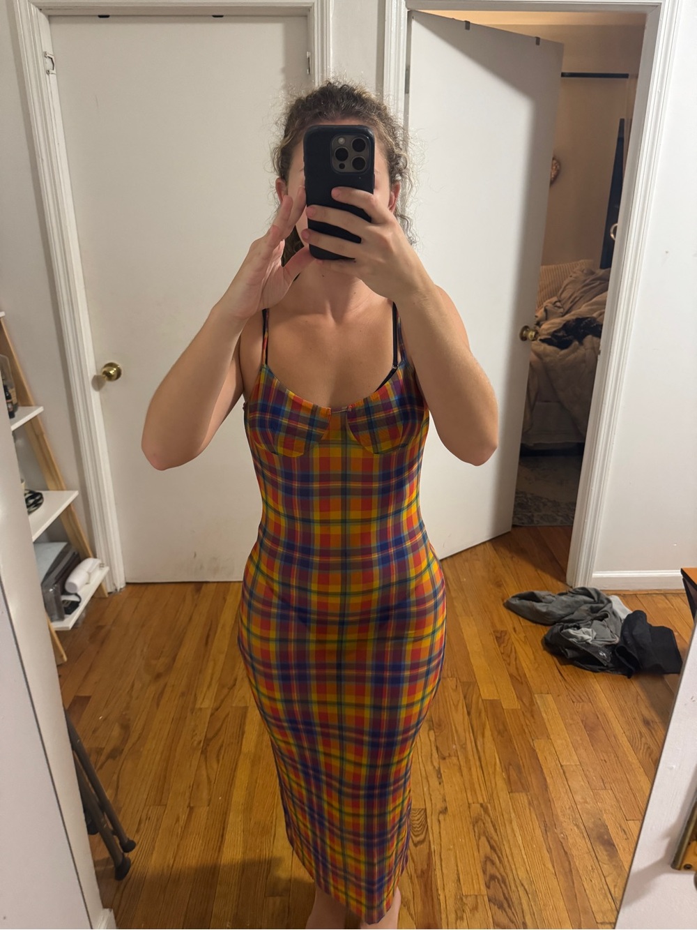Plaid Spaghetti-Strap Midi Dress